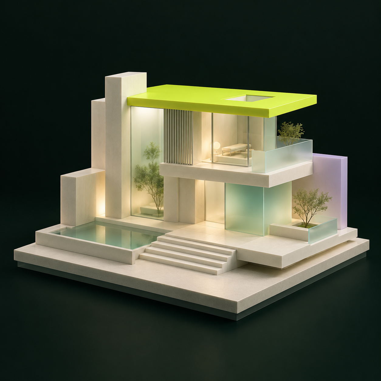 Illustrative architectural model with a lime roof and frosted glass on a dark forest background.
